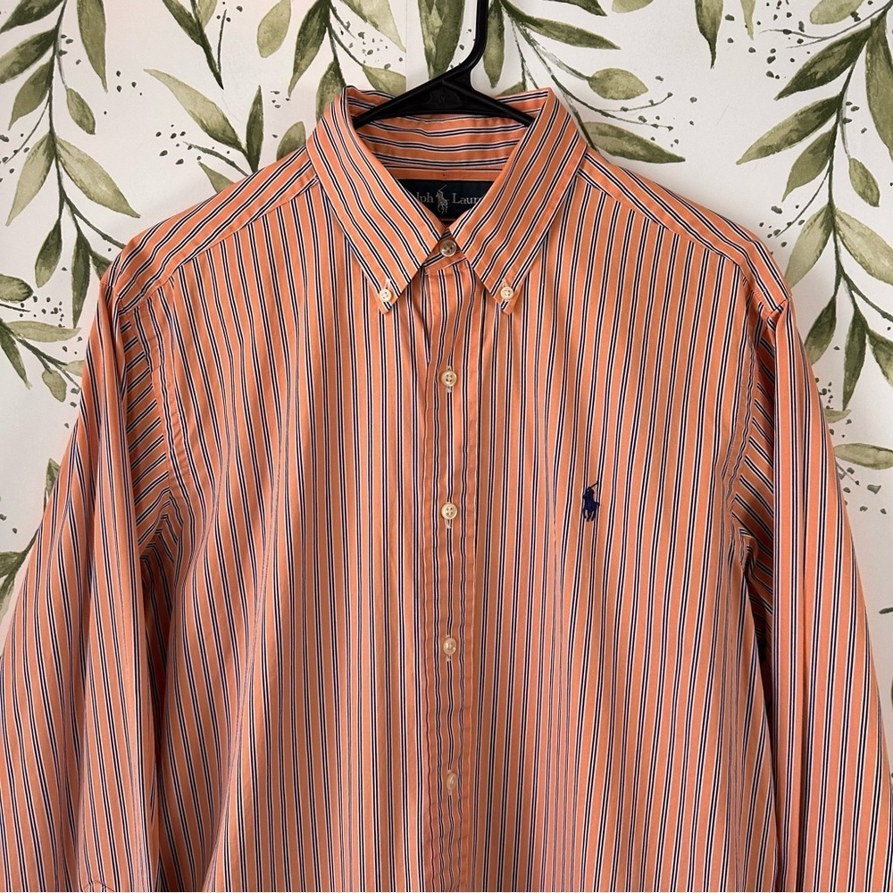 Ralph Lauren Cotton Button Down Shirt. 15 1/2. Medium. Orange and Blue Stripes.